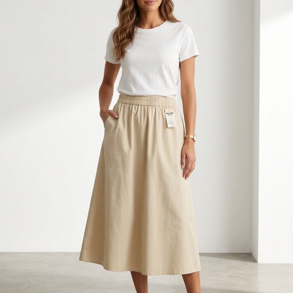 Elastic-Waist A-Line Midi Skirt - Beige